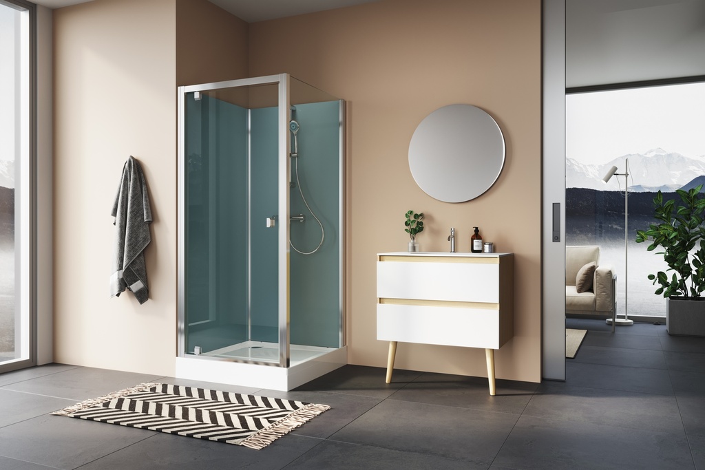 CABINE DE DOUCHE SANSWISS MODULR 90 X 90 PORTE PIVOTANTE AVEC MITIGEUR ET RAMPE DE DOUCHE MONTAGE EN ANGLE
